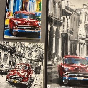 Set of 3 car pictures on canvas from Cuba
